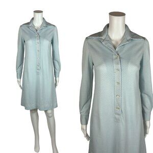 Vintage 70s Dotted Dress Women's Small Blue White Long Sleeve Polka Dot Shift